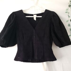 H&M Black Knit Blouse w/ Puff Sleeves - Small